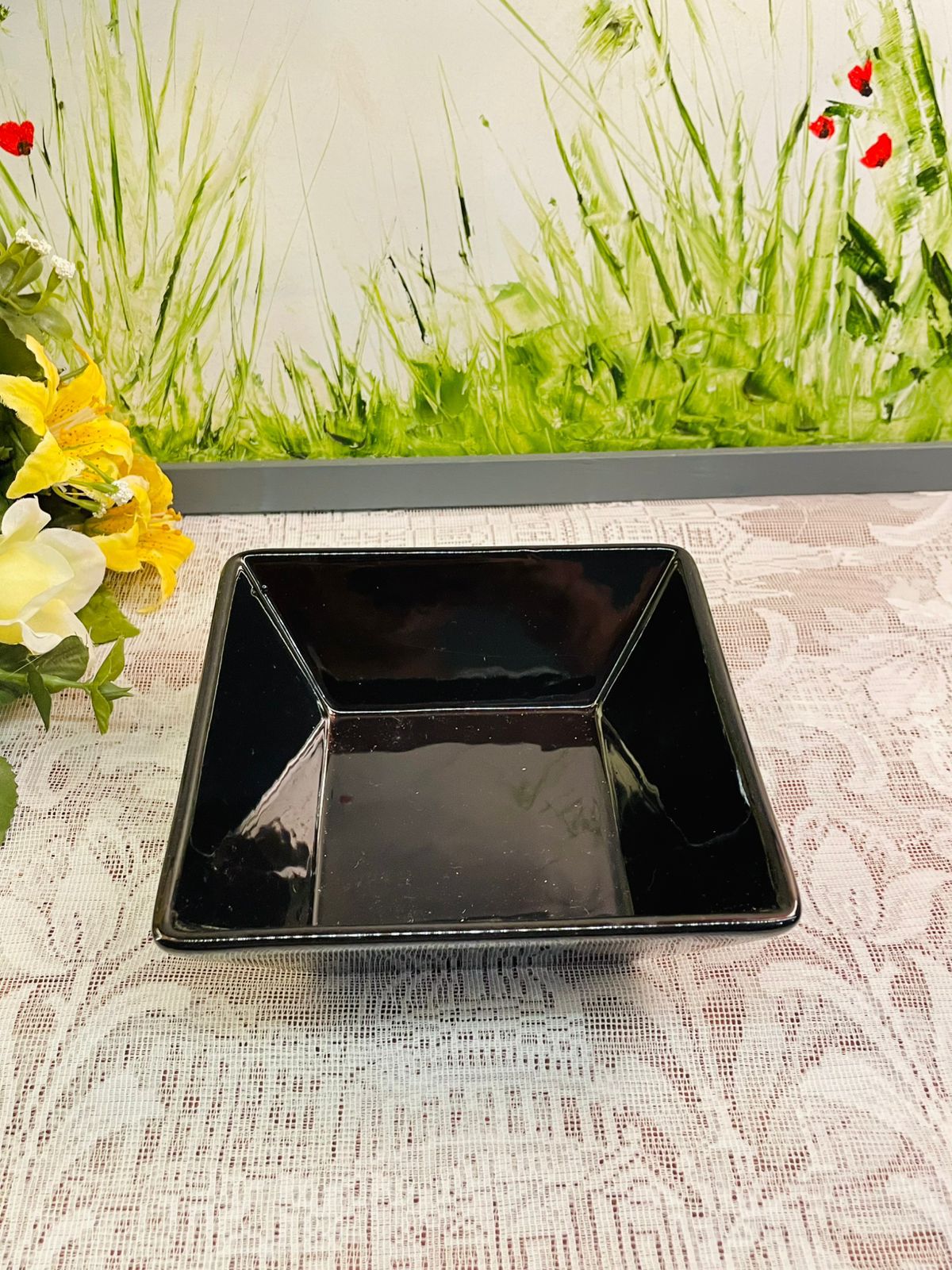 Vintage Black Square Serving Bowls Set of 4 Glossy Ceramic