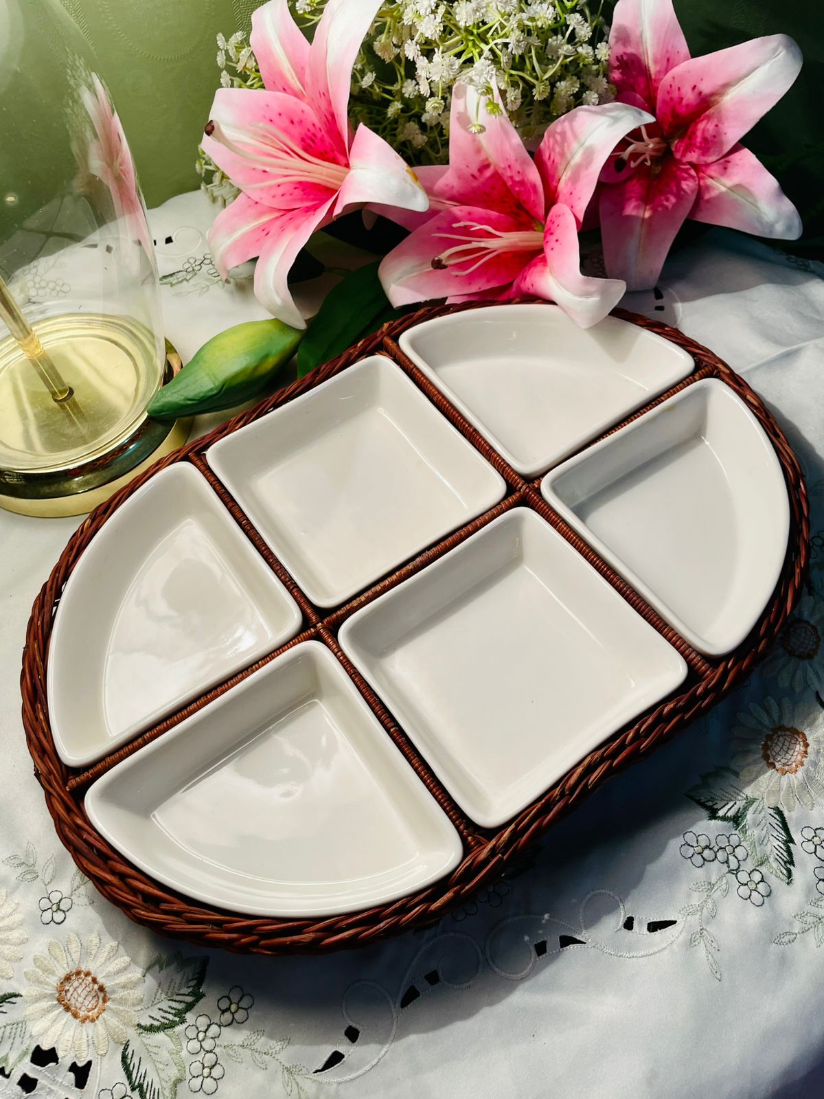 Artisan Valencia 6-Piece White Serving Dish Set with Wicker Tray