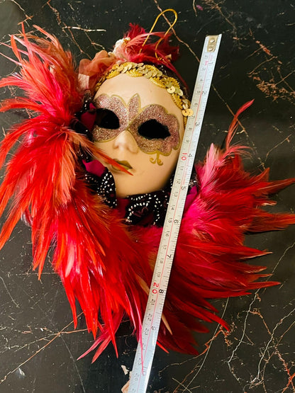 Venetian Wall Hanging Masquerade Mask – Pink & Red Feathers – Handmade Decorative Art