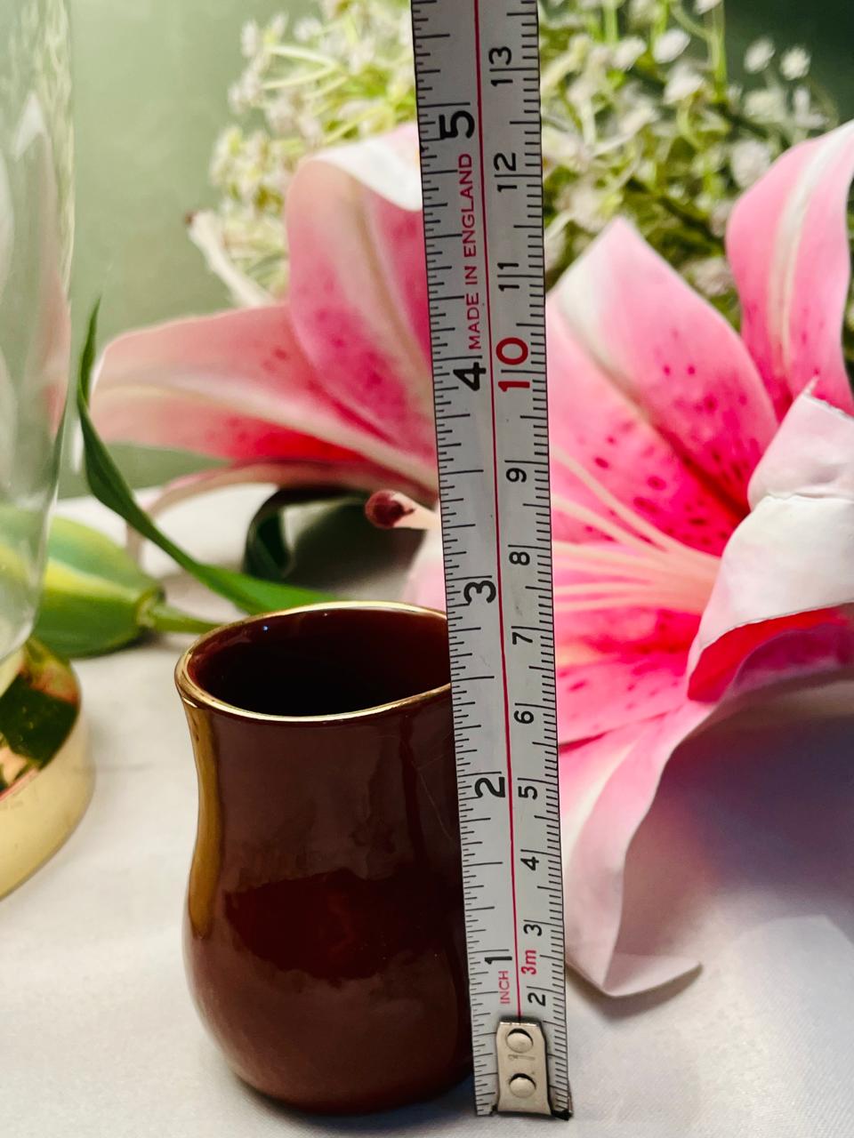 Brown Ceramic Mini Vase with Gold Rim 7 cm