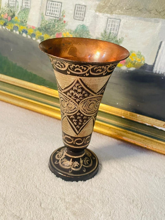 Turkish Vintage Copper Vase – Etched Floral Design in Black & Gold | Antique Home Decor Accent
