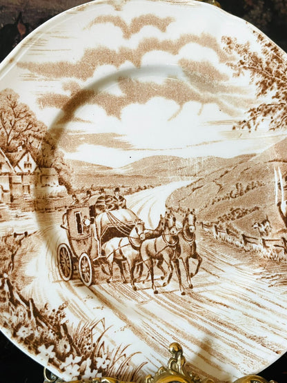 Vintage “Devonshire Road” Plate by Alfred Meakin Staffordshire England – Hand Engraved Brown Transferware Scene