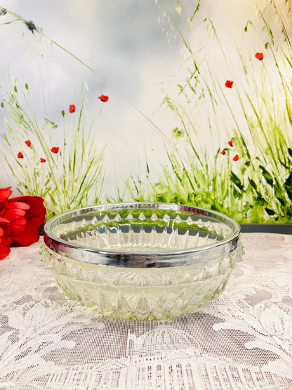 Vintage Large Cut Crystal Glass Bowl Silver Rim
