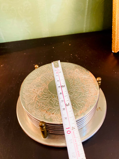 Vintage Silver-Plated Coaster Set of 6 with Holder – 5 Inch