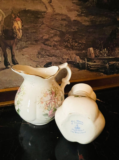 (Rare Find) Vintage English Creamer & Mini Vase Duo – Honeysuckle Floral with Gold Rim