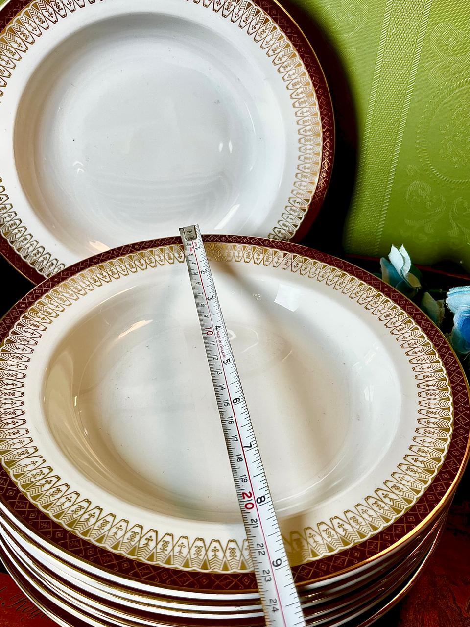 Red & Gold Border Deep Plates Set of 8 Approx. 9 Inch
