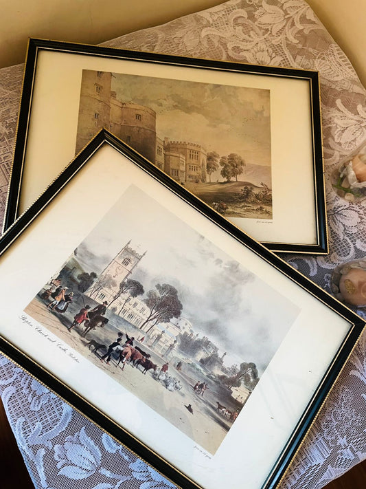 2x Vintage English Castle & Village Art paintings – Framed Wall Decor