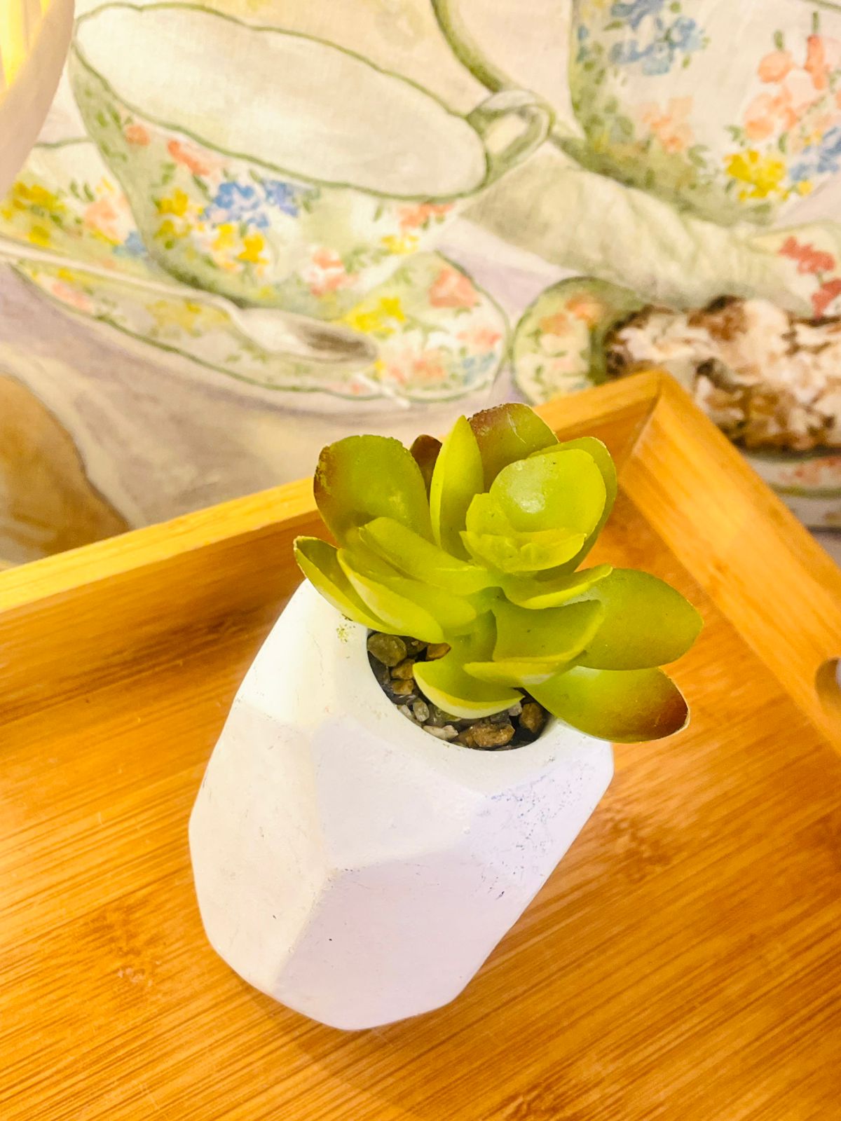 Artificial Succulent in White Geometric Pot – Realistic Faux Plant Decor