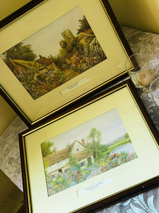 2x English Cottage Art paintings– Framed Vintage Wall Décor
