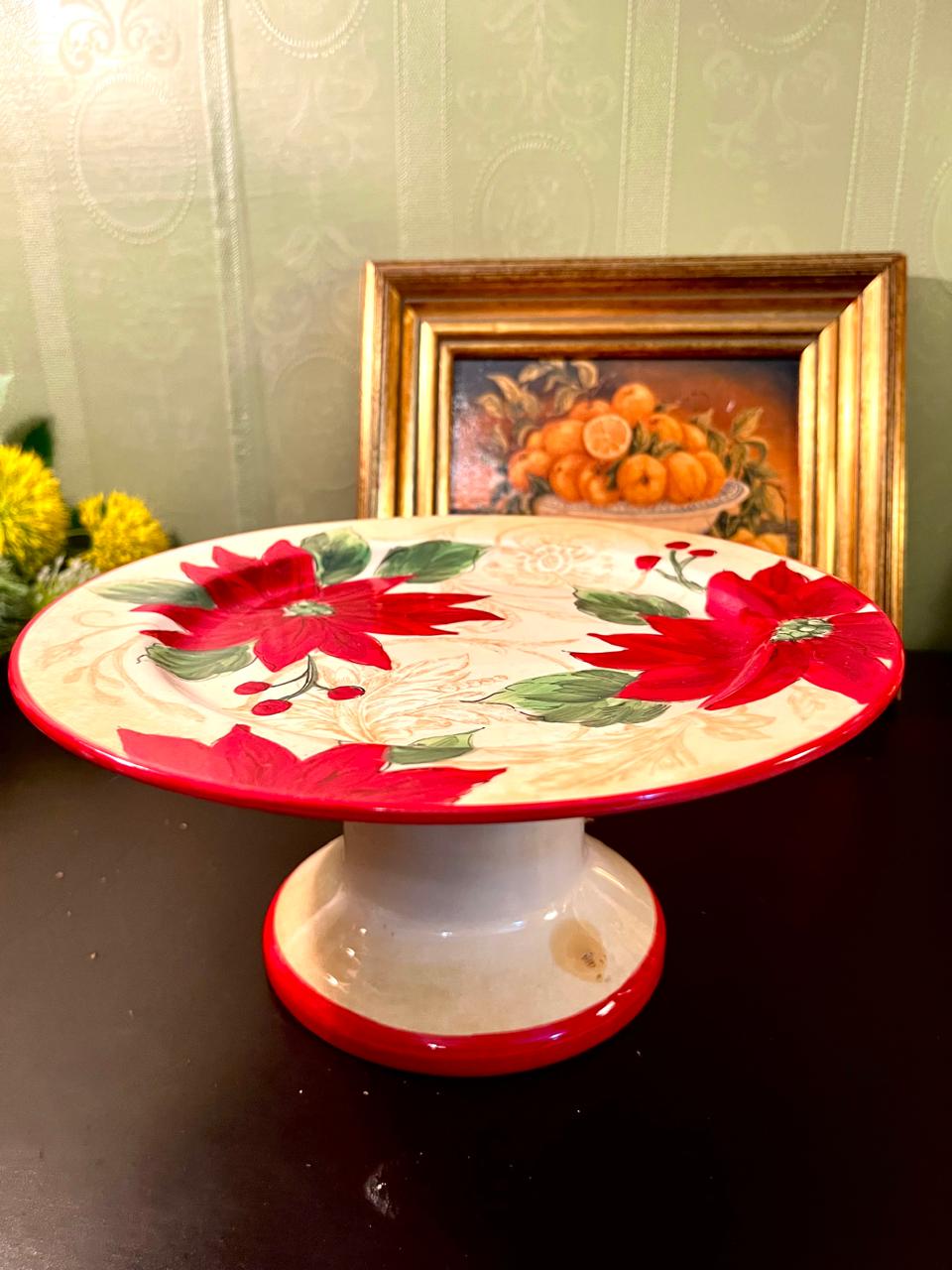 Vintage Poinsettia Ceramic Cake Stand – 9 Inch Christmas Pedestal Plate