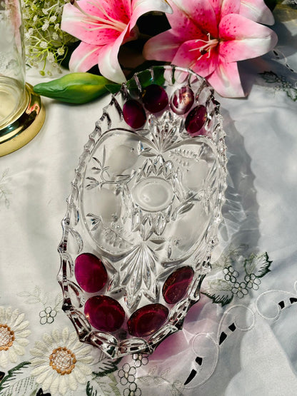 Clear Crystal Oval Serving Dish with Ruby Accents 12 in