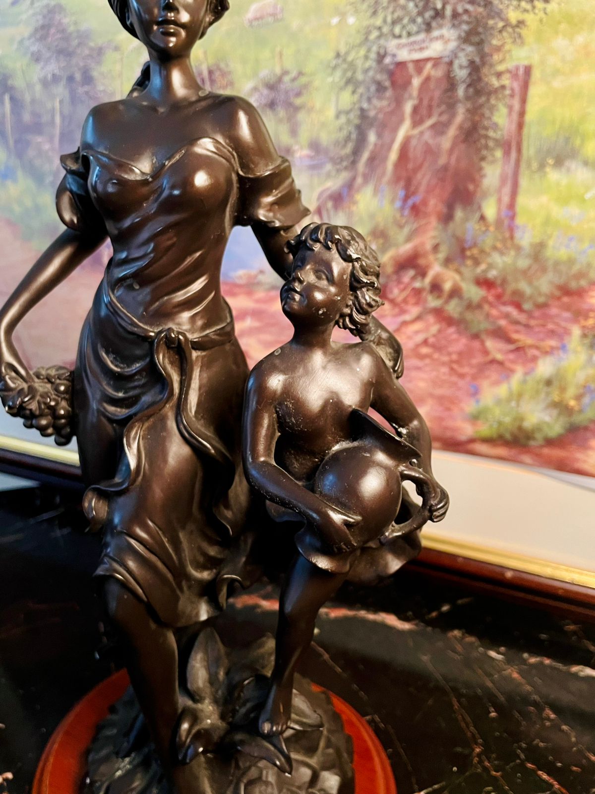 Rare find - Elegant Bronze-Style Woman & Child Figurine on Wooden Base, Stoneware Sculpture, Home Decor