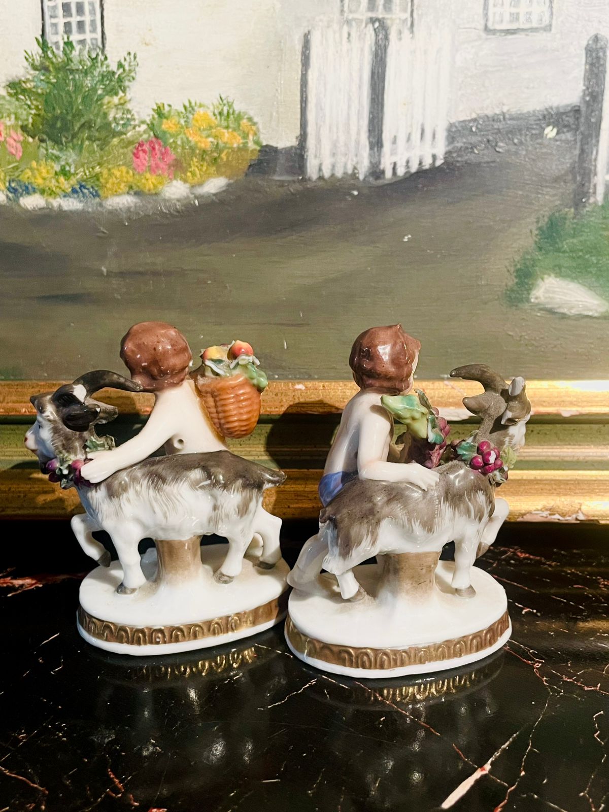 Vintage Cherub & Goat Figurine Pair — Hand-Painted Porcelain