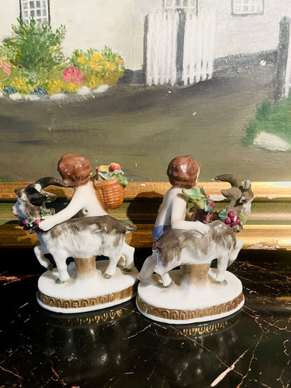 Vintage Cherub & Goat Figurine Pair — Hand-Painted Porcelain