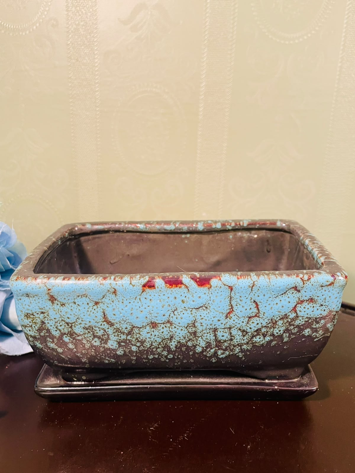 Rustic Blue Glazed Rectangular Ceramic Bonsai Planter with Tray – 7 Inch