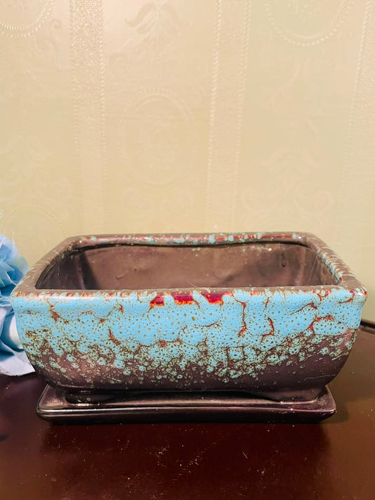 Rustic Blue Glazed Rectangular Ceramic Bonsai Planter with Tray – 7 Inch