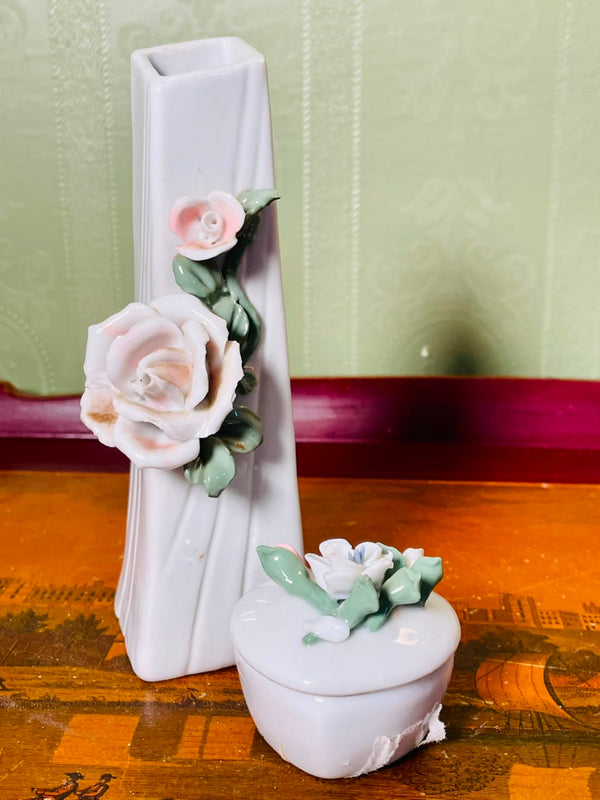 Vintage Ceramic Rose Vase & Trinket Box Set