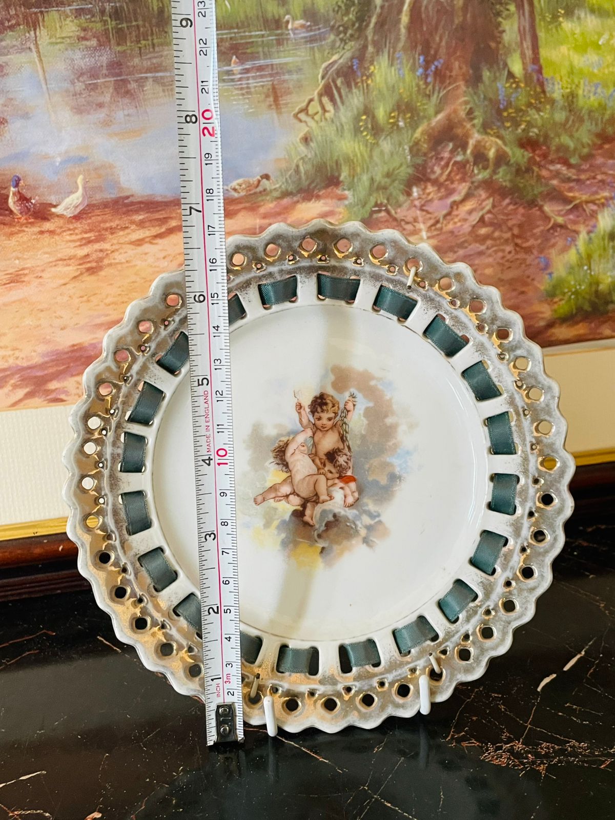 Antique Porcelain Decorative Plate with Cherub Motif – Pierced Edge & Gilded Trim