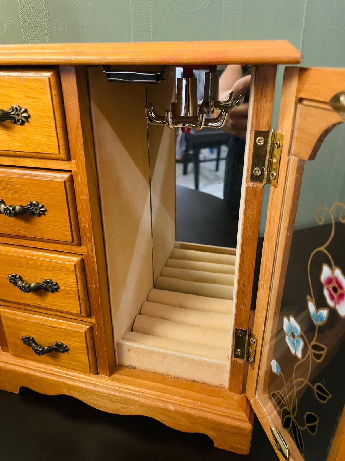Vintage Wooden Jewelry Box Cabinet with Floral Glass Door