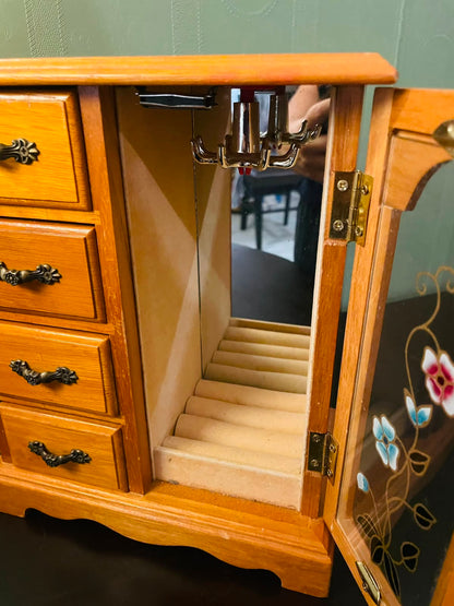 Vintage Wooden Jewelry Box Cabinet with Floral Glass Door
