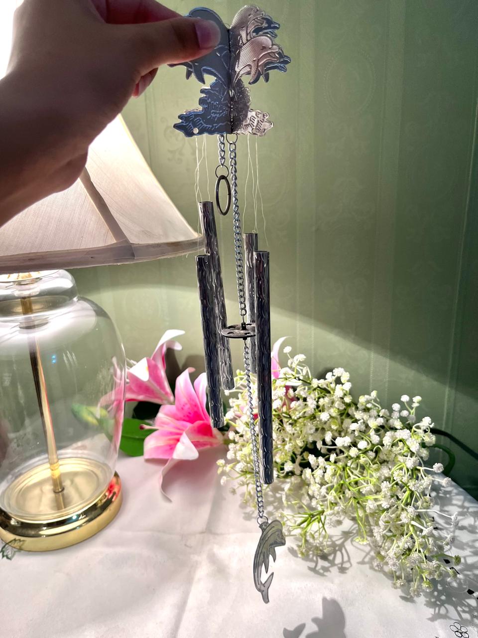 Silver Dolphin Wind Chime Hanging Decor 13 Inch