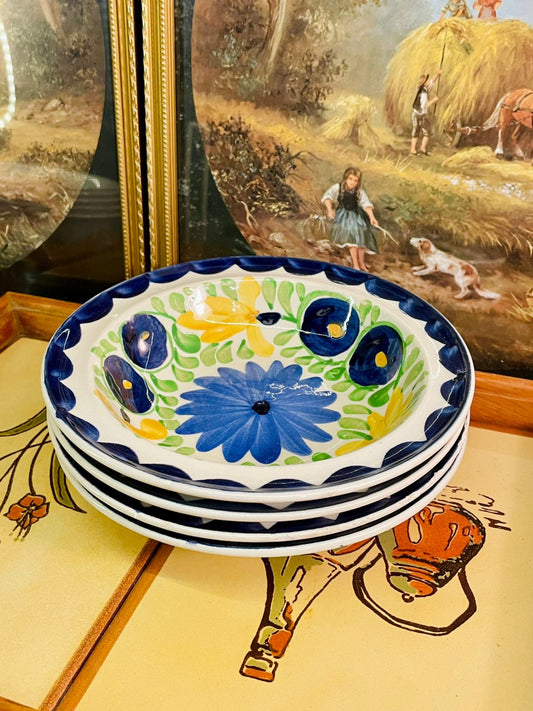 Set of 4 Hand-Painted Floral Bowls – Blue & Yellow Ceramic, Oven Safe