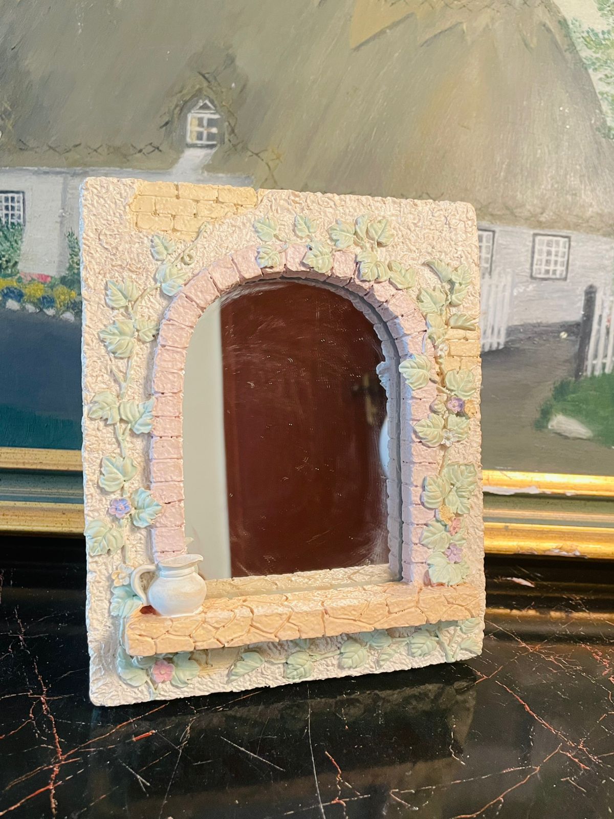 Vintage Mirror - Floral Stone Arch Mirror – Pastel Garden Design – 7 x 9 Inches, home decor