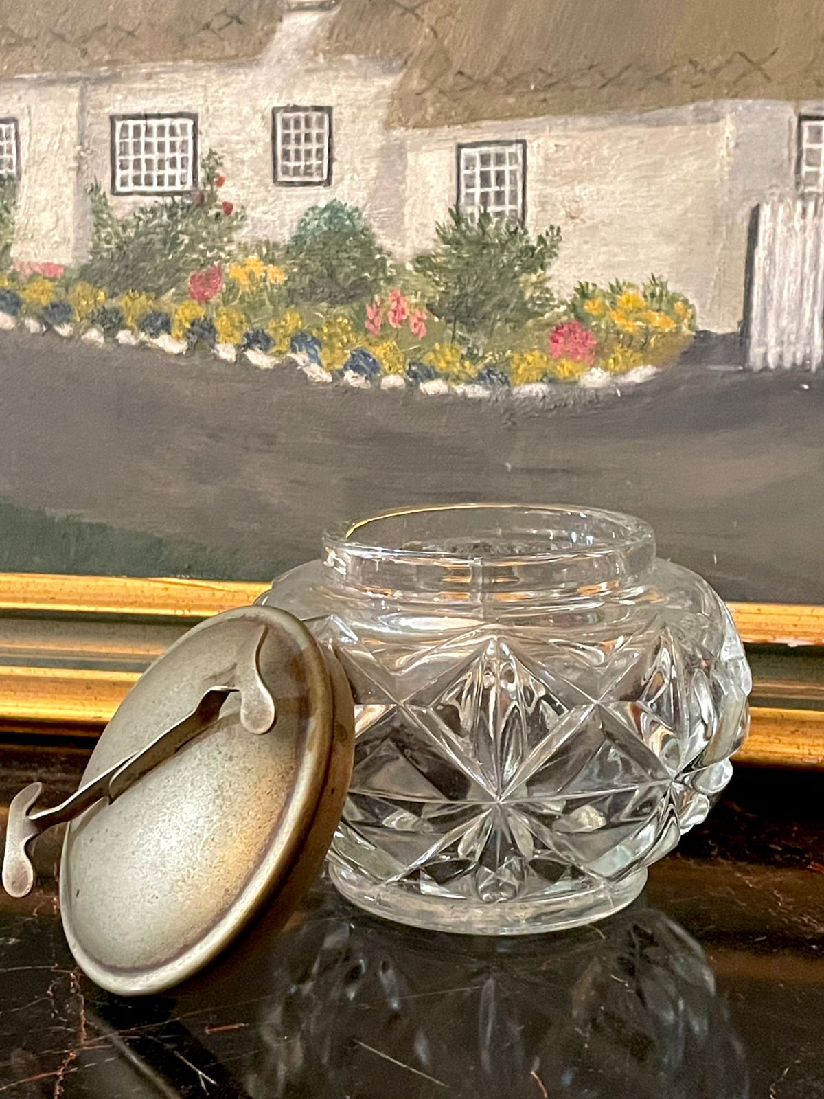 Antique Cut Glass Crystal Jar with Metal Lid – England
