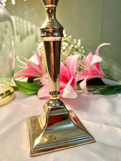 Vintage Brass Candlestick Holder – Tall Square Base Candle Stand – Approx. 24 cm