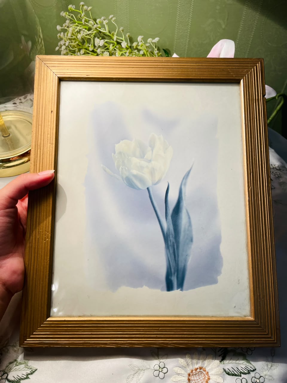 Blue Floral Framed Artwork Gold-Tone Frame Approx. 30 cm
