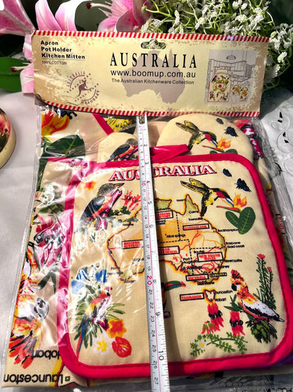 Australia 100% Cotton Kitchen Set Apron Pot Holder & Oven Mitt