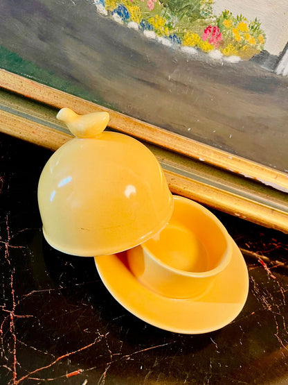 Vintage Yellow Ceramic Butter Dish with Bird Handle Lid – Cottage Kitchen Tableware