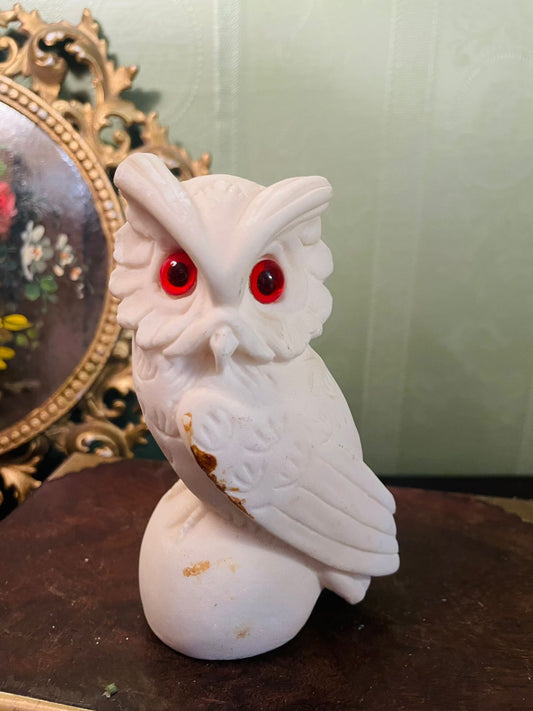 Vintage White Owl Figurine with Red Eyes Décor