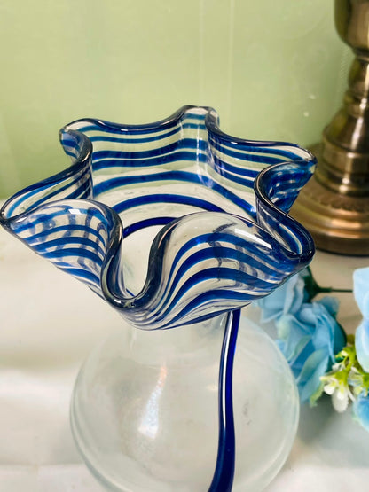 Vintage Blue Swirl Ruffle Art Glass Vase 18 cm