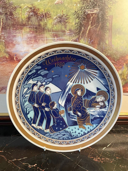 bavaria christmas plate 1980, echt kobalt porcelain, bavarian collector plate, 24k gold porcelain plate, german vintage plate, nativity christmas decor, limited edition christmas plate, bavaria wall plate, european porcelain collectors, heritage european treasures, rare thrift finds pakistan, antique german crockery, timeless christmas decor, vintage bavarian plate