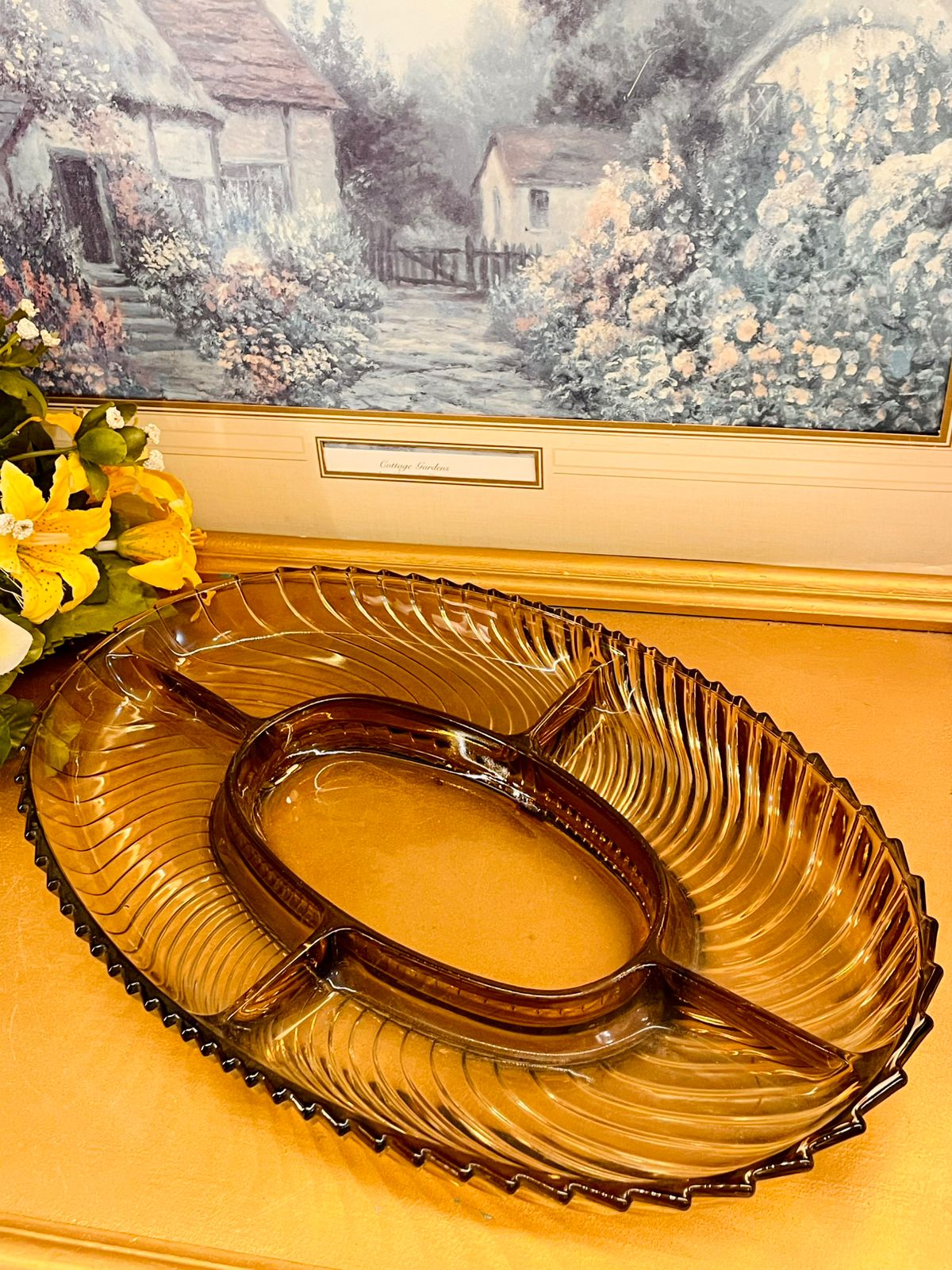 Vintage Amber Glass Divided Serving Dish 12"