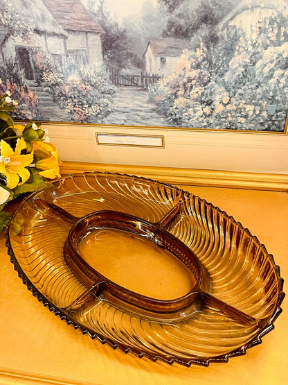 Vintage Amber Glass Divided Serving Dish 12"