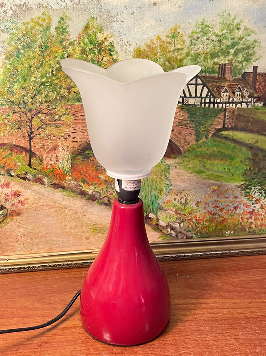 Vintage Ceramic Table Lamp with Red Base & Glass Globe – Single Piece