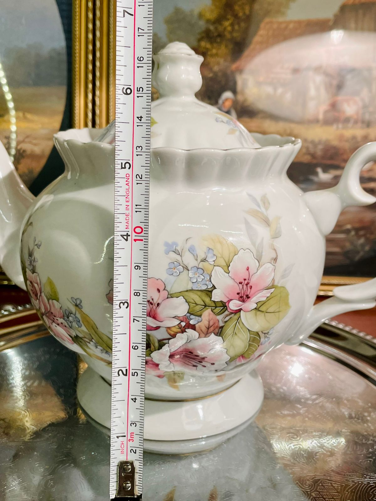 Vintage Floral English Teapot – Pink Blossoms & Gold Trim – Collectible Porcelain Serveware