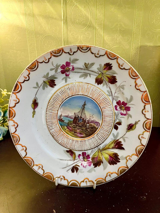 Vintage Floral Harbor Scene Decorative Porcelain Cabinet Plate 10 Inch Gold Trim