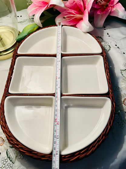 Artisan Valencia 6-Piece White Serving Dish Set with Wicker Tray