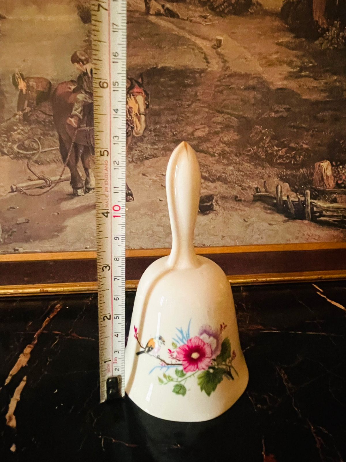 Vintage English Porcelain Table Bell – Pink Hibiscus Floral with Songbird Design