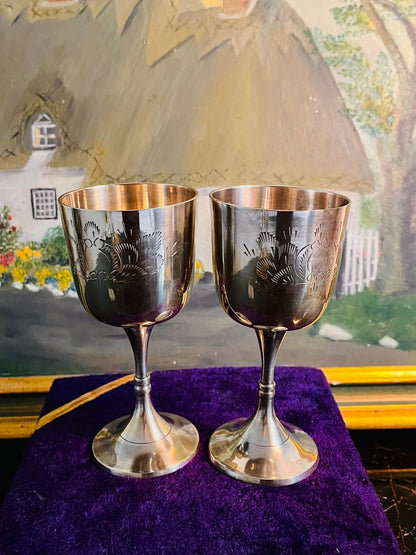 Vintage Silver-Plated Goblet Set in Velvet Case – Etched Floral Design