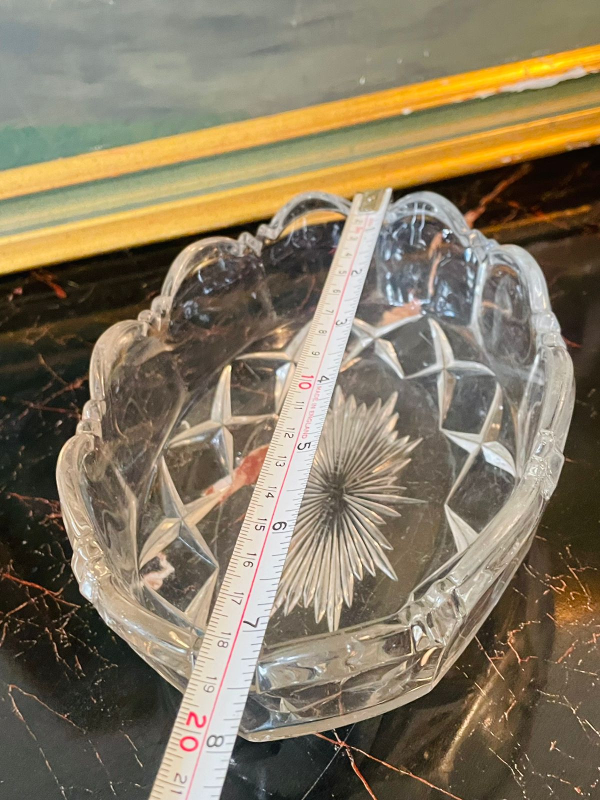 Vintage Pressed Glass Oval Dish – Scalloped Rim with Starburst Base