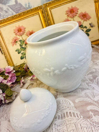 Vintage large White Porcelain Lidded Jar Embossed Floral
