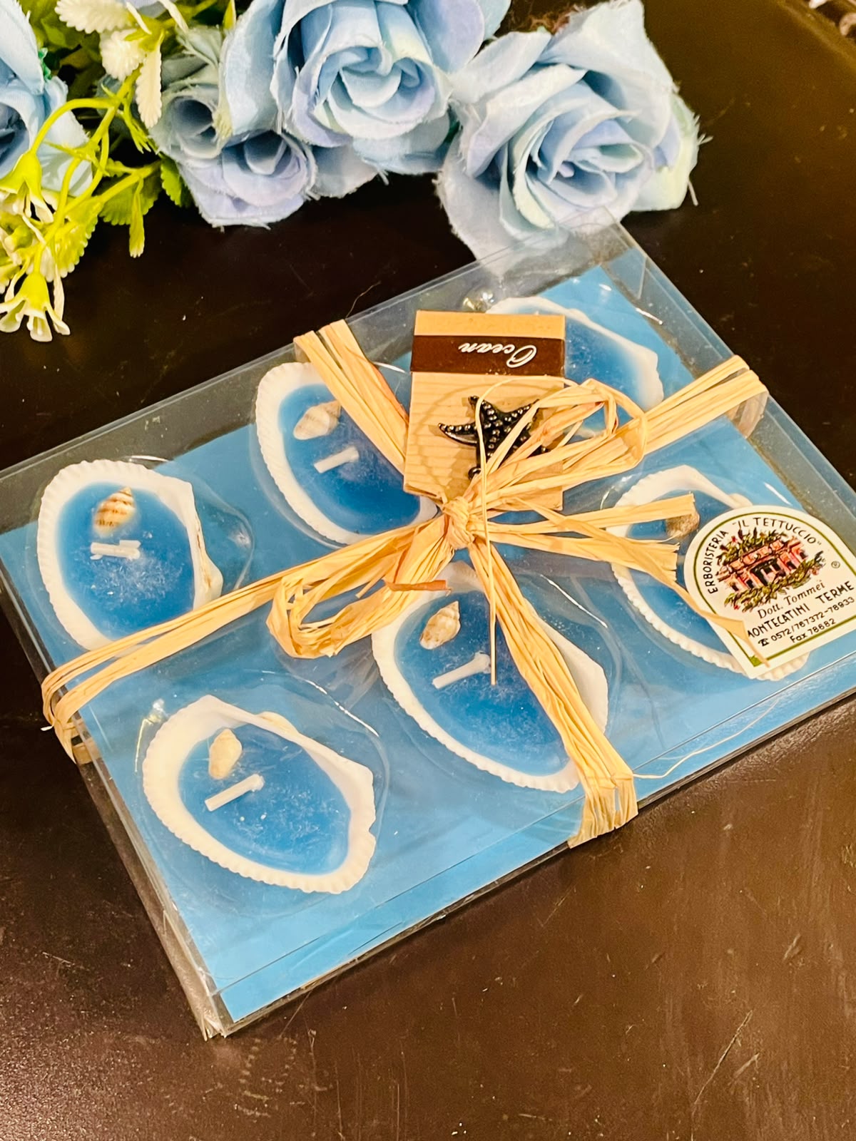 Blue Shell Floating Candle Gift Set with Glass Tray (6 Piece)