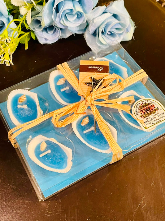 Blue Shell Floating Candle Gift Set with Glass Tray (6 Piece)