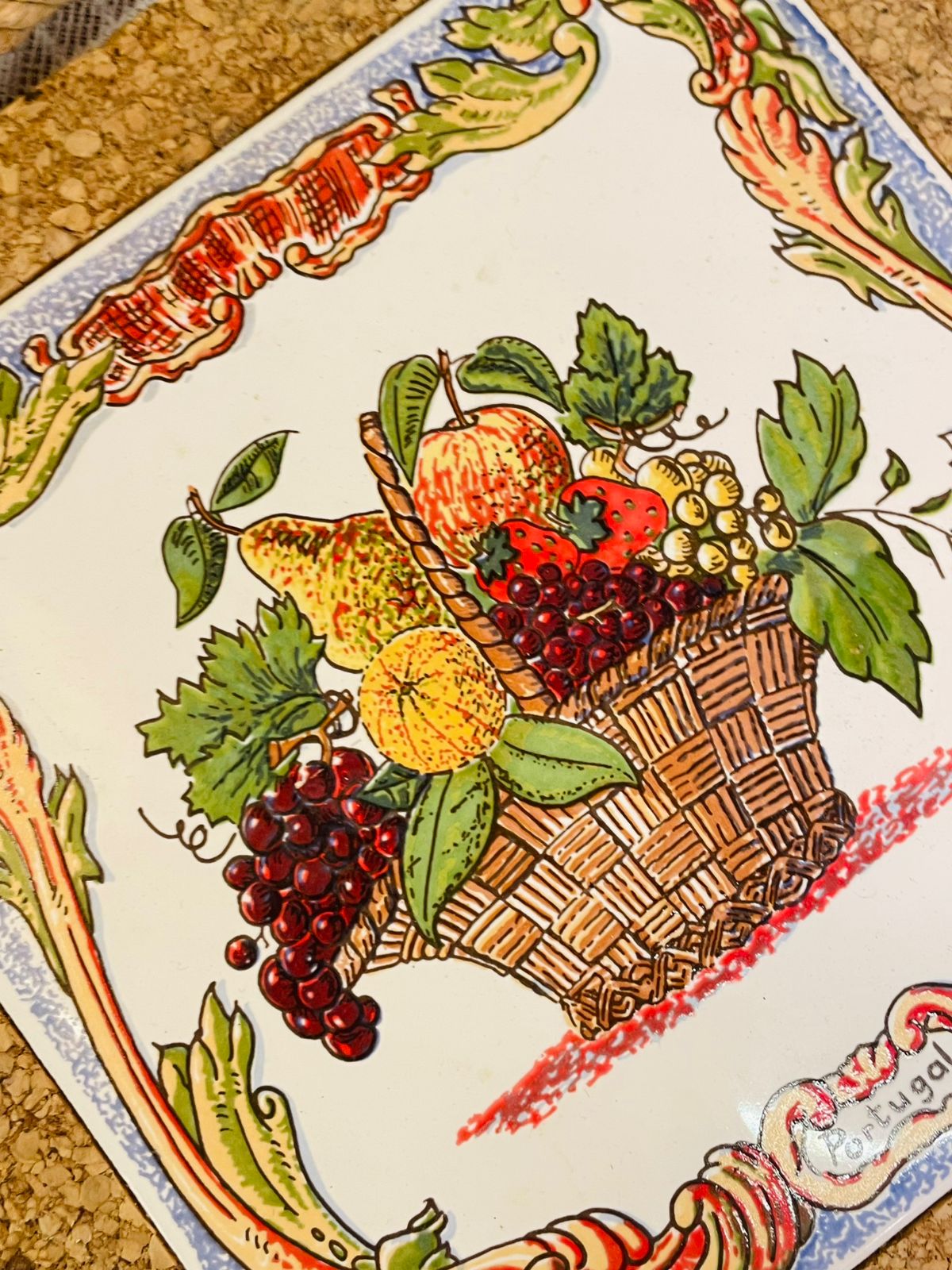 Portuguese Fruit Basket Tile Cork Trivet Decor 9 inch