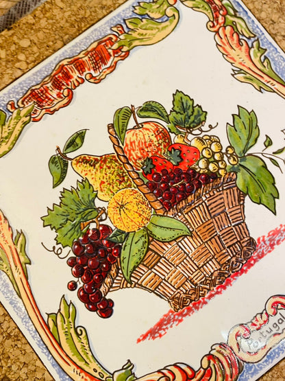 Portuguese Fruit Basket Tile Cork Trivet Decor 9 inch