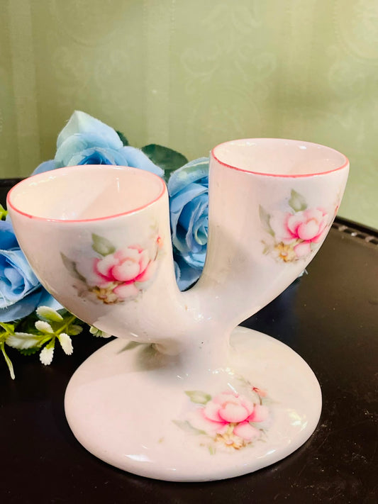 Vintage Floral Double Egg Cup Holder – Pink Rose Ceramic 10cm